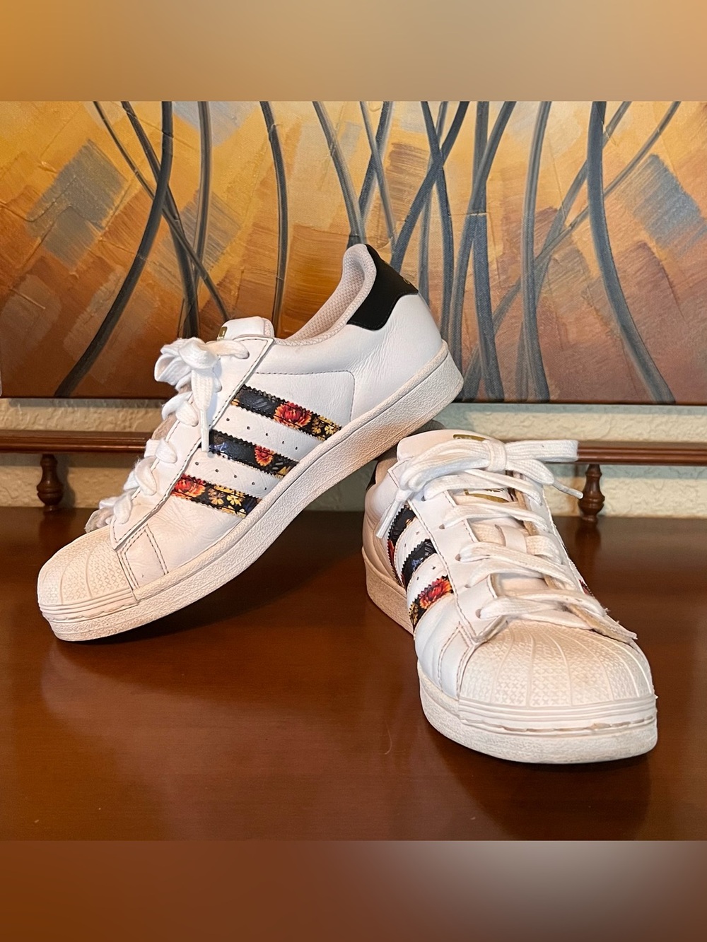 adidas White Sneakers with Black Floral  Stripes and Gold Logo